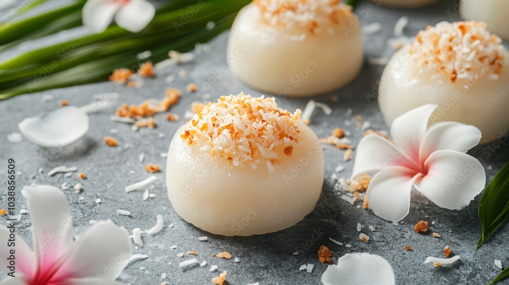 Mochi with toasted coconut topping, isolated on a gray stone background, surrounded by tropical flowers and a drizzle of coconut milk