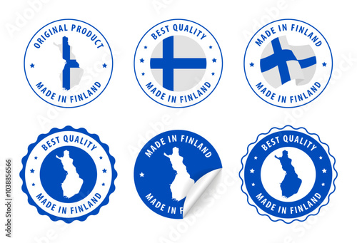 Finland - set of stamps and stickers with map and flag. Best quality. Original product. Vector illustration.