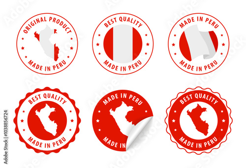 Peru - set of stamps and stickers with map and flag. Best quality. Original product. Vector illustration.