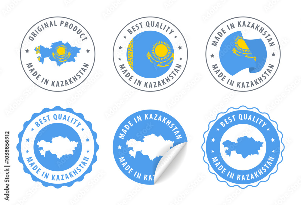 Kazakhstan - set of stamps and stickers with map and flag. Best quality. Original product. Vector illustration. Kazakhstan - set of stamps and stickers with map and flag. Best quality. Original product. Vector illustration.