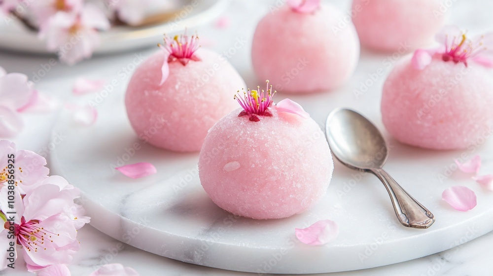 Pink sakura mochi isolated on a white marble surface, garnished with cherry blossom petals and small silver spoons Pink sakura mochi isolated on a white marble surface, garnished with cherry blossom petals and small silver spoons