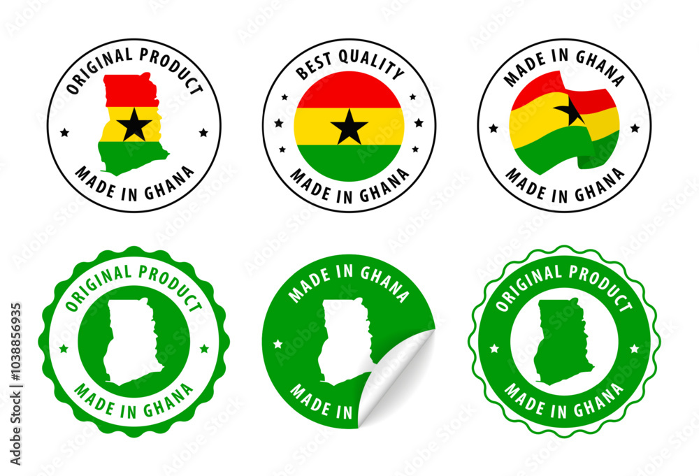 Ghana - set of stamps and stickers with map and flag. Best quality. Original product. Vector illustration. Ghana - set of stamps and stickers with map and flag. Best quality. Original product. Vector illustration.