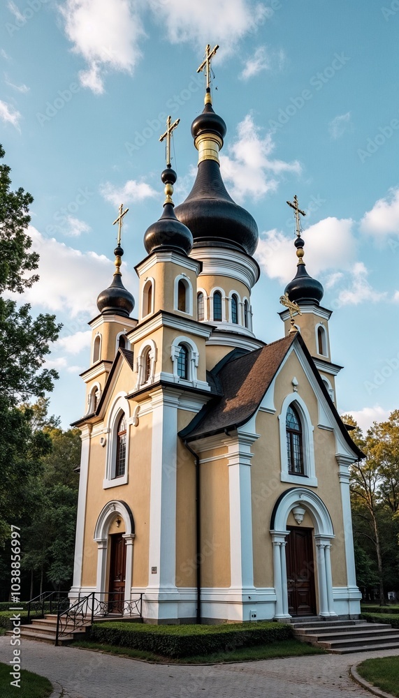 Fototapeta premium Beautiful Orthodox church with golden domes and crosses against a blue sky