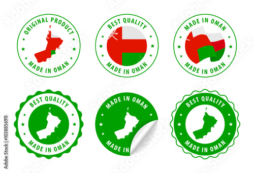 Oman - set of stamps and stickers with map and flag. Best quality. Original product. Vector illustration.