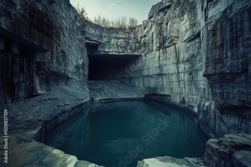 Deserted limestone pit containing a lake below