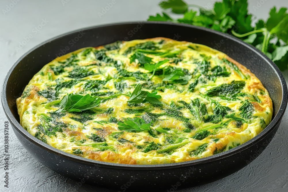 Delicious omelet with fresh herbs and nettles cooked in a skillet Delicious omelet with fresh herbs and nettles cooked in a skillet