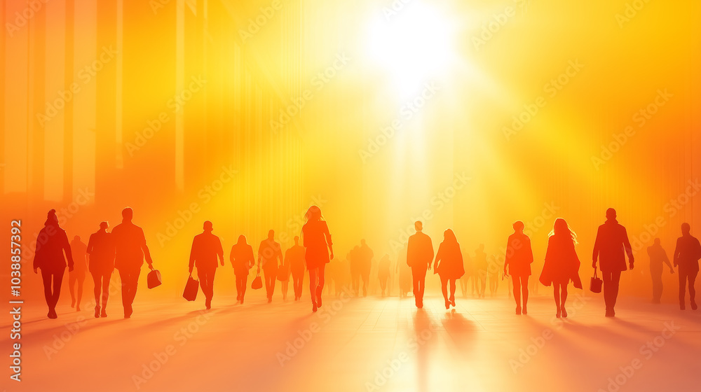Silhouetted figures walking towards a bright sun in a cityscape during golden hour Silhouetted figures walking towards a bright sun in a cityscape during golden hour