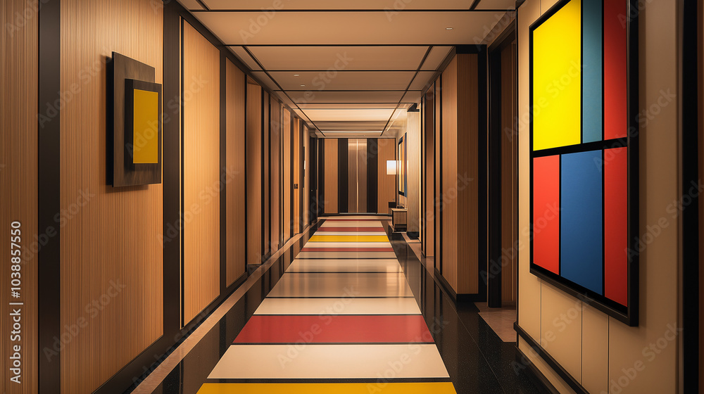 Modern hallway featuring a single statement art piece in a slim, black frame on a neutral background Modern hallway featuring a single statement art piece in a slim, black frame on a neutral background