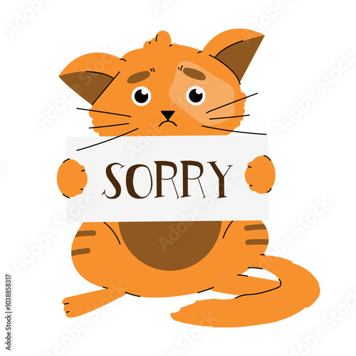 Flat vector illustration of card with sad cat holding 'sorry' sign. Apologizing cat character holding apology sign. Vector flat cartoon illustration.