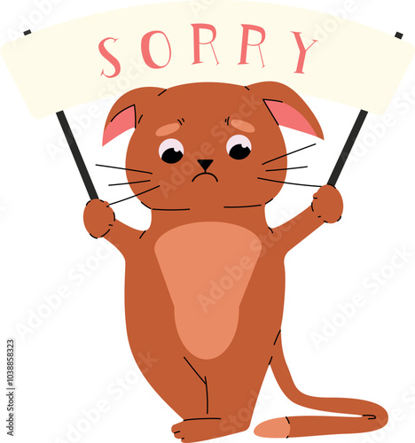 Flat vector illustration of card with sad cat holding 'sorry' sign. Apologizing cat character holding apology sign. Vector flat cartoon illustration.