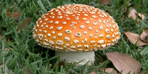 An orange and white mushroom sitting on top of a lush green field - Outdoor