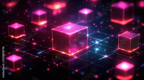 Glowing cubes transferring data against a circuit board backdrop with a shallow depth of field