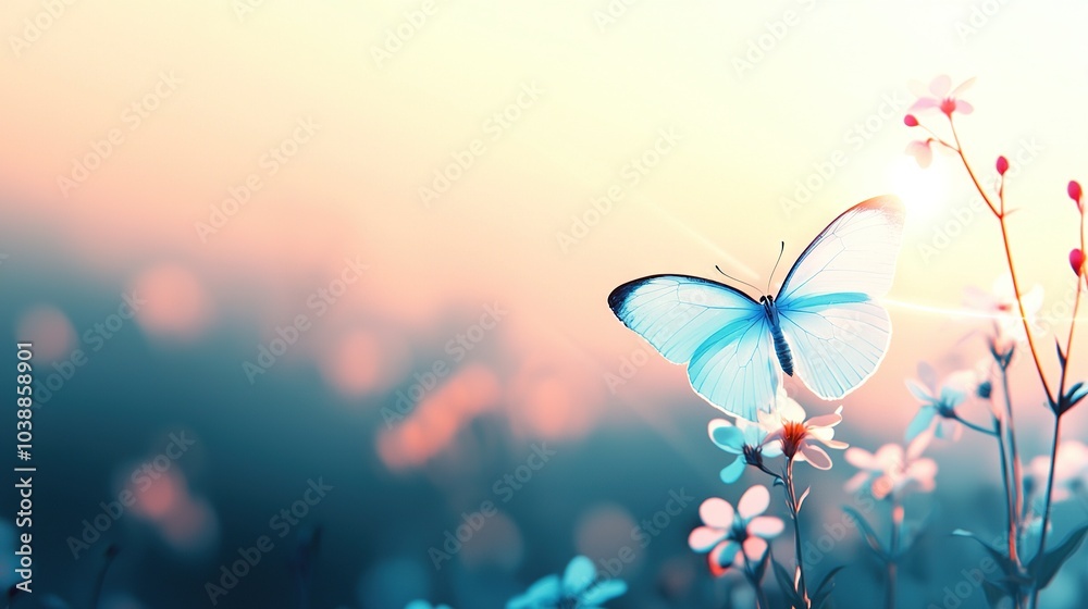 Obraz premium Blue butterfly on a yellow flower in a field of pink and white, sunny day