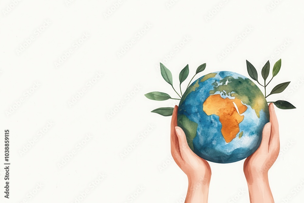 Hands holding a globe with supply routes, interconnected global network, Watercolor style Hands holding a globe with supply routes, interconnected global network, Watercolor style