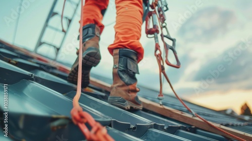Close Up of Worker Climbing Roof with Safety Gear