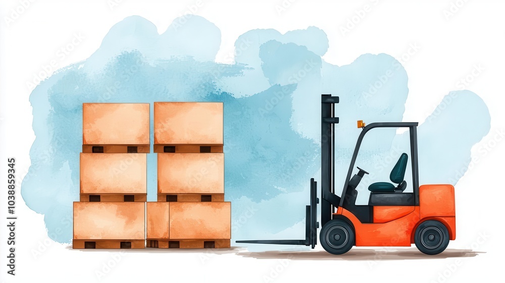 Naklejka premium Warehouse with organized inventory, supply chain logistics, pallets and forklifts, Watercolor style