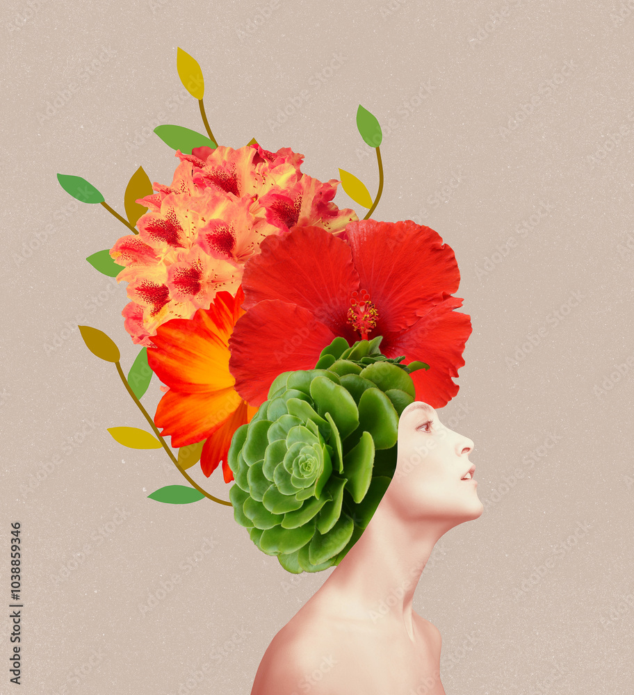 Abstract contemporary art design or portrait of young woman with flowers on face