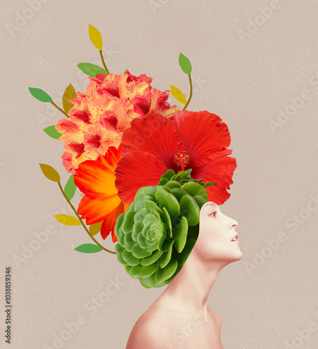 Obraz na płótnie Abstract contemporary art design or portrait of young woman with flowers on face w salonie
