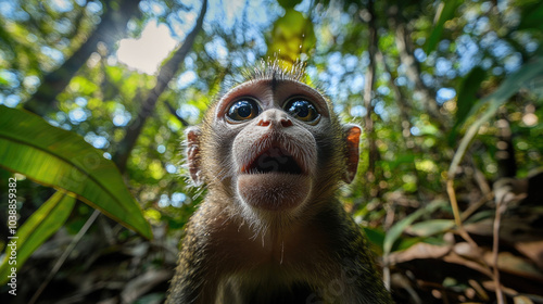 A monkey with wide eyes and an inquisitive look peers into the camera in a lush jungle setting, emphasizing its curiosity and the rich natural environment. photo