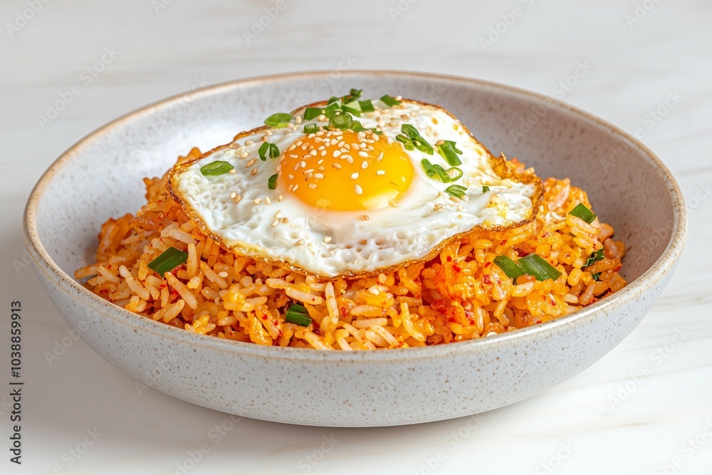 Delicious Korean Kimchi Fried Rice Topped with a Sunny-Side-Up Egg and Garnished with Sesame Seeds Delicious Korean Kimchi Fried Rice Topped with a Sunny-Side-Up Egg and Garnished with Sesame Seeds