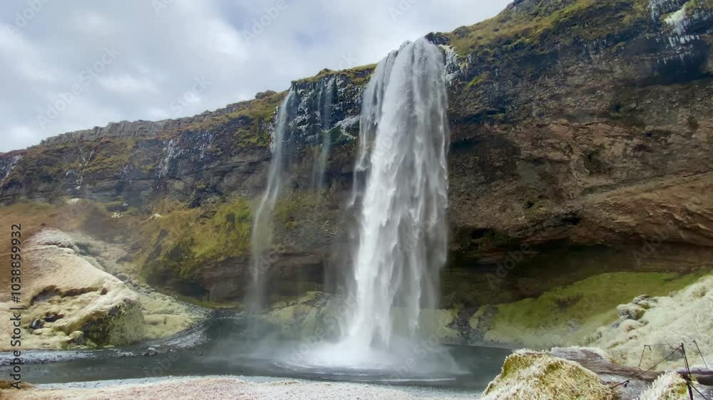 Seljalandsfoss waterfall plunges dramatically over a cliff, highlighting iceland's breathtaking natural beauty and tranquil landscapes of Iceland