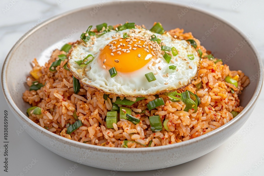 Delicious Korean Kimchi Fried Rice Topped with a Sunny-Side-Up Egg and Garnished with Sesame Seeds