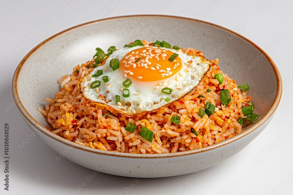 Delicious Korean Kimchi Fried Rice Topped with a Sunny-Side-Up Egg and Garnished with Sesame Seeds Delicious Korean Kimchi Fried Rice Topped with a Sunny-Side-Up Egg and Garnished with Sesame Seeds
