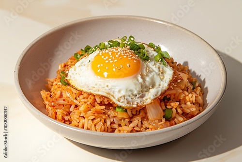 Delicious Korean Kimchi Fried Rice Topped with a Sunny-Side-Up Egg and Garnished with Sesame Seeds
