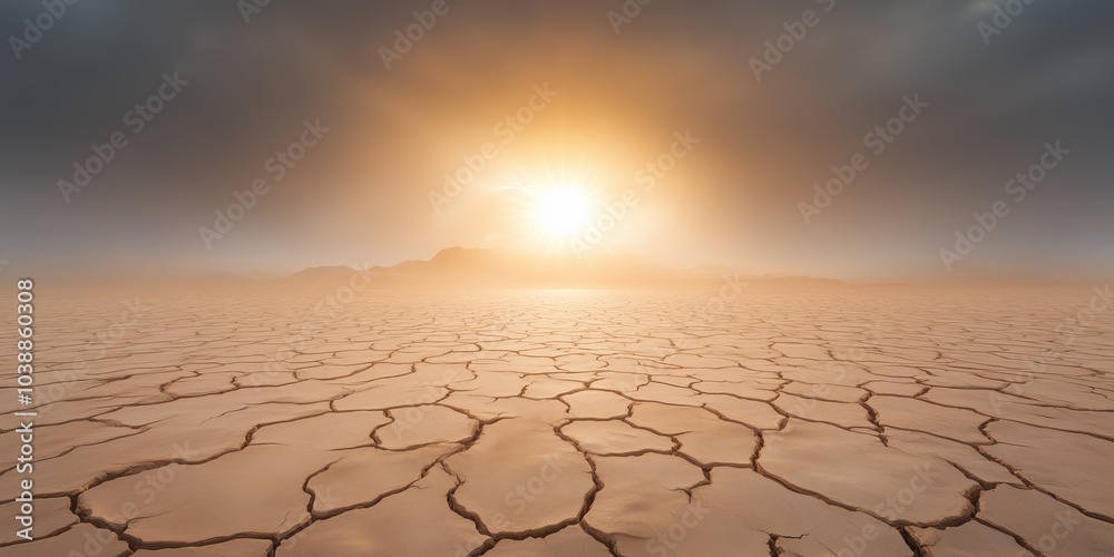 Desolate landscape with cracked earth under a dramatic sunset in a dry region Desolate landscape with cracked earth under a dramatic sunset in a dry region