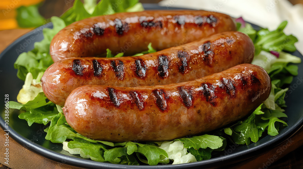 Savory and perfectly grilled sausages lie enticingly atop a bed of fresh green lettuce leaves, their rich aroma and distinct grill marks enhancing the visual and culinary appeal. Savory and perfectly grilled sausages lie enticingly atop a bed of fresh green lettuce leaves, their rich aroma and distinct grill marks enhancing the visual and culinary appeal.