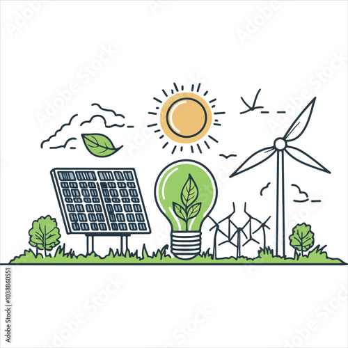 Create a detailed line art illustration representing the concept of sustainable energy. The image should include elements like a solar panel,
