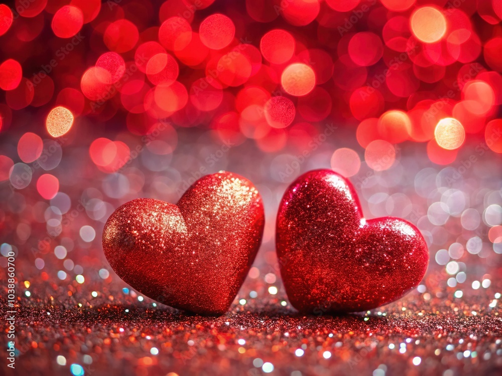 A captivating close-up of shimmering red glitter hearts set against a sparkling backdrop, perfect for evoking romance this Valentine's Day. Ideal for festive banners with text space. A captivating close-up of shimmering red glitter hearts set against a sparkling backdrop, perfect for evoking romance this Valentine's Day. Ideal for festive banners with text space.