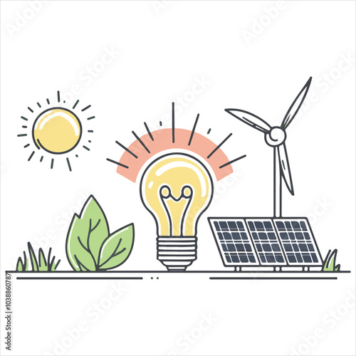 Create a detailed line art illustration representing the concept of sustainable energy. The image should include elements like a solar panel,
