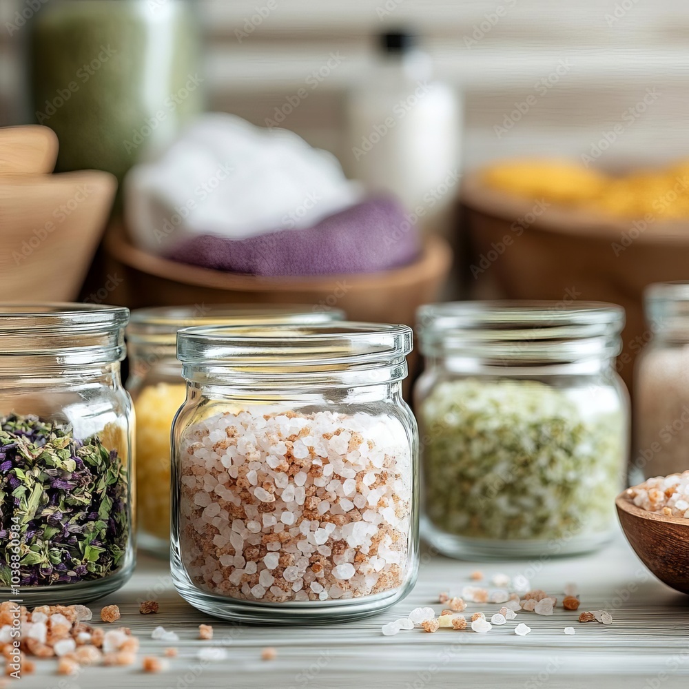 Herbal bath salts in glass jars displayed at a spa, natural products focus Herbal bath salts in glass jars displayed at a spa, natural products focus