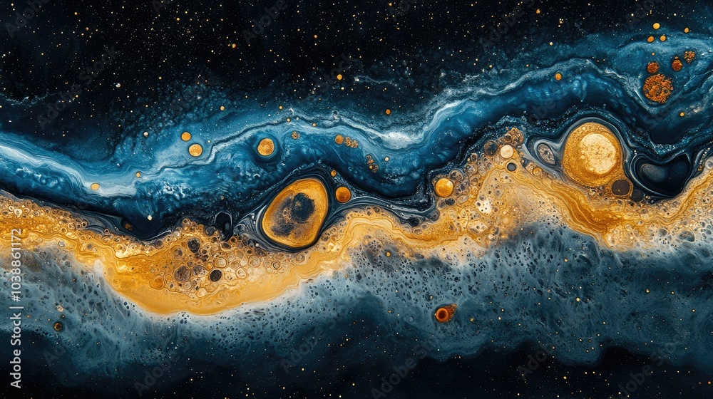Blue and gold abstract acrylic swirl painting with a celestial background vibe Blue and gold abstract acrylic swirl painting with a celestial background vibe