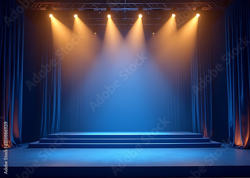 Golden lights adorn a blue stage with elegant background designs, leaving space for merchandise placement during award ceremonies.