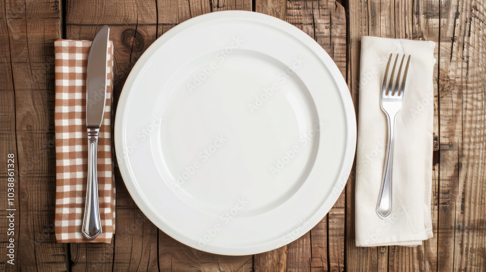 White plate, fork and knife on wooden table. White plate, fork and knife on wooden table.