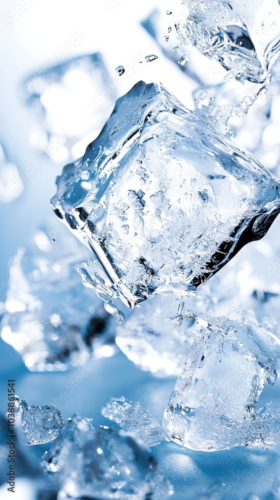 A cluster of ice cubes afloat upon a cerulean body of water, beset by frozen floes A cluster of ice cubes afloat upon a cerulean body of water, beset by frozen floes