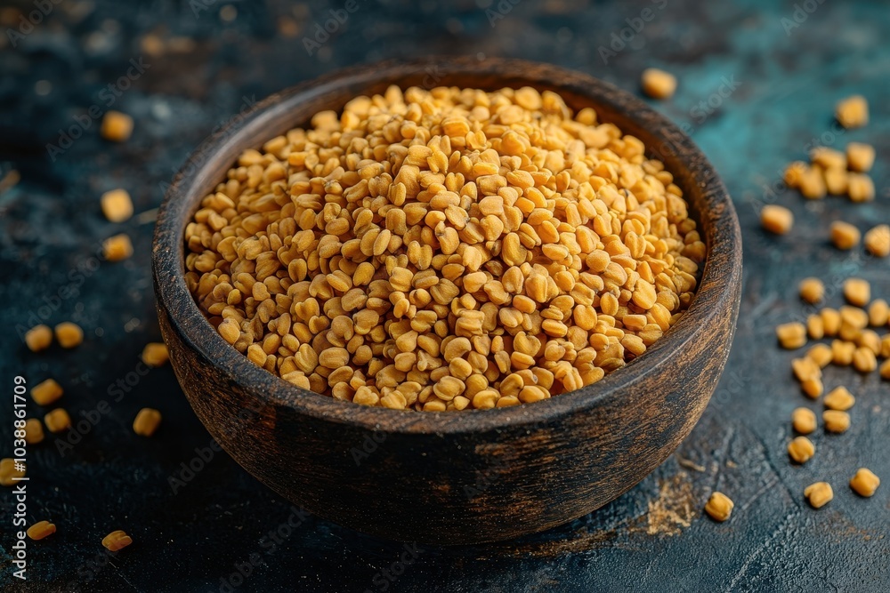 Dried fenugreek seeds in a wooden bowl used as a spicy seasoning in Indian cuisine Dried fenugreek seeds in a wooden bowl used as a spicy seasoning in Indian cuisine