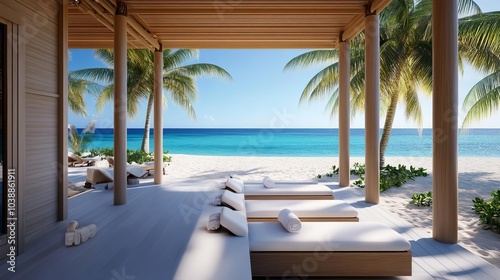 Luxurious spa with private cabanas by the beach, ultimate relaxation setting