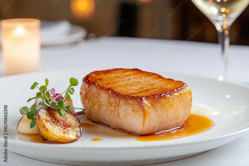 Elegant Seared Scallop Dish with Microgreens and Fig, Served on a Fine Dining Table Setting Elegant Seared Scallop Dish with Microgreens and Fig, Served on a Fine Dining Table Setting