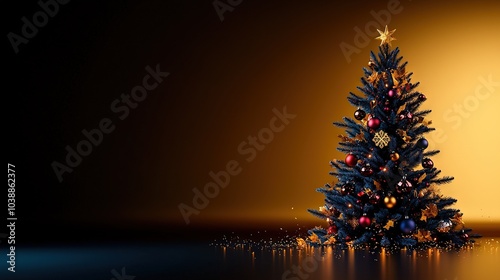  A luminous Christmas tree stands out against a dark backdrop, adorned with glistening ornaments in gold and red, and crowned with a gleaming