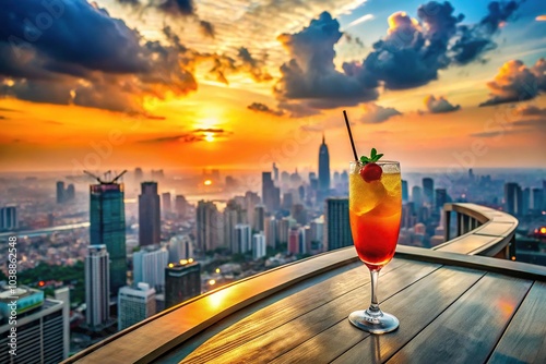 A high-altitude bar offers stunning sunset views over towering skyscrapers, as the bustling cityscape glimmers with life, creating a vibrant atmosphere for cocktail enjoyment.