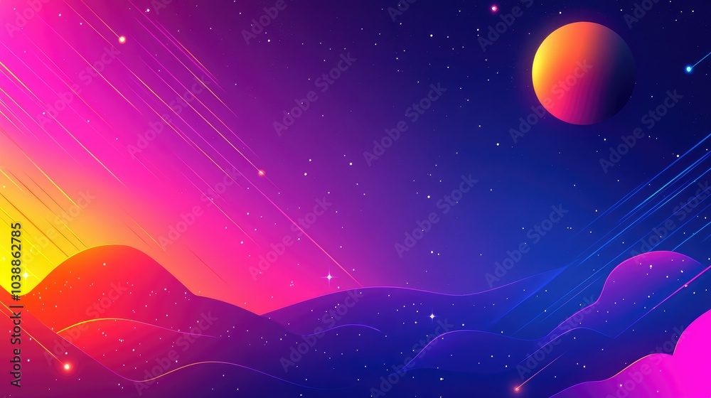 Obraz premium Retro synthwave style background with vibrant colors and shooting stars over a mountain range