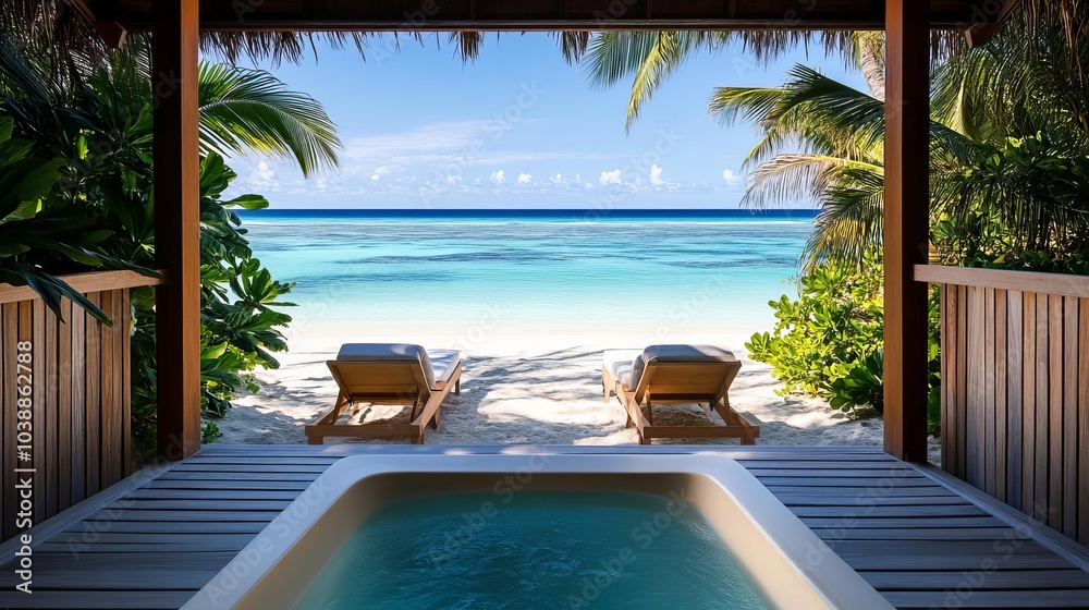 Scenic spa terrace overlooking a tropical beach, comfortable lounge chairs inviting relaxation Scenic spa terrace overlooking a tropical beach, comfortable lounge chairs inviting relaxation