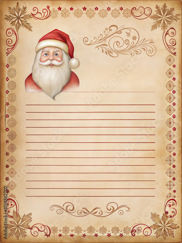 Santa Claus illustration with blank letter template for holiday wishes in vintage design
