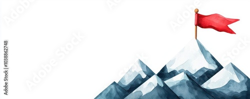 Mountain peak with a flag, ultimate goal achievement, Watercolor style