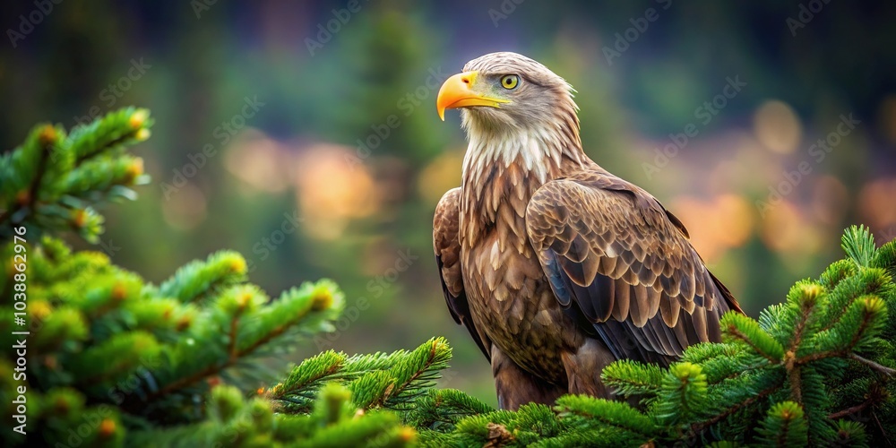 Obraz premium A majestic whitetailed eagle, Haliaeetus albicilla, perched atop a pine tree, illustrating the stunning beauty of wildlife in its natural habitat. Nature’s spectacle unfolds here.