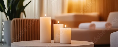 Soft lighting and candles in a modern spa lounge, warm and inviting