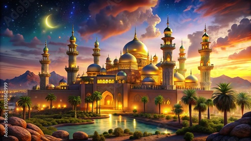 Wallpaper Mural A mesmerizing Arabian night unfolds under moonlight, featuring a radiant Sultan's palace, casting a spell of gold and magic in a captivating fairytale ambiance. Torontodigital.ca